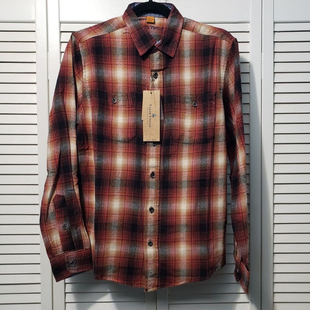 Tailor Vintage Flannel Button Down Shirt Men's Small Maple Lodge Plaid Stretch - Picture 1 of 9
